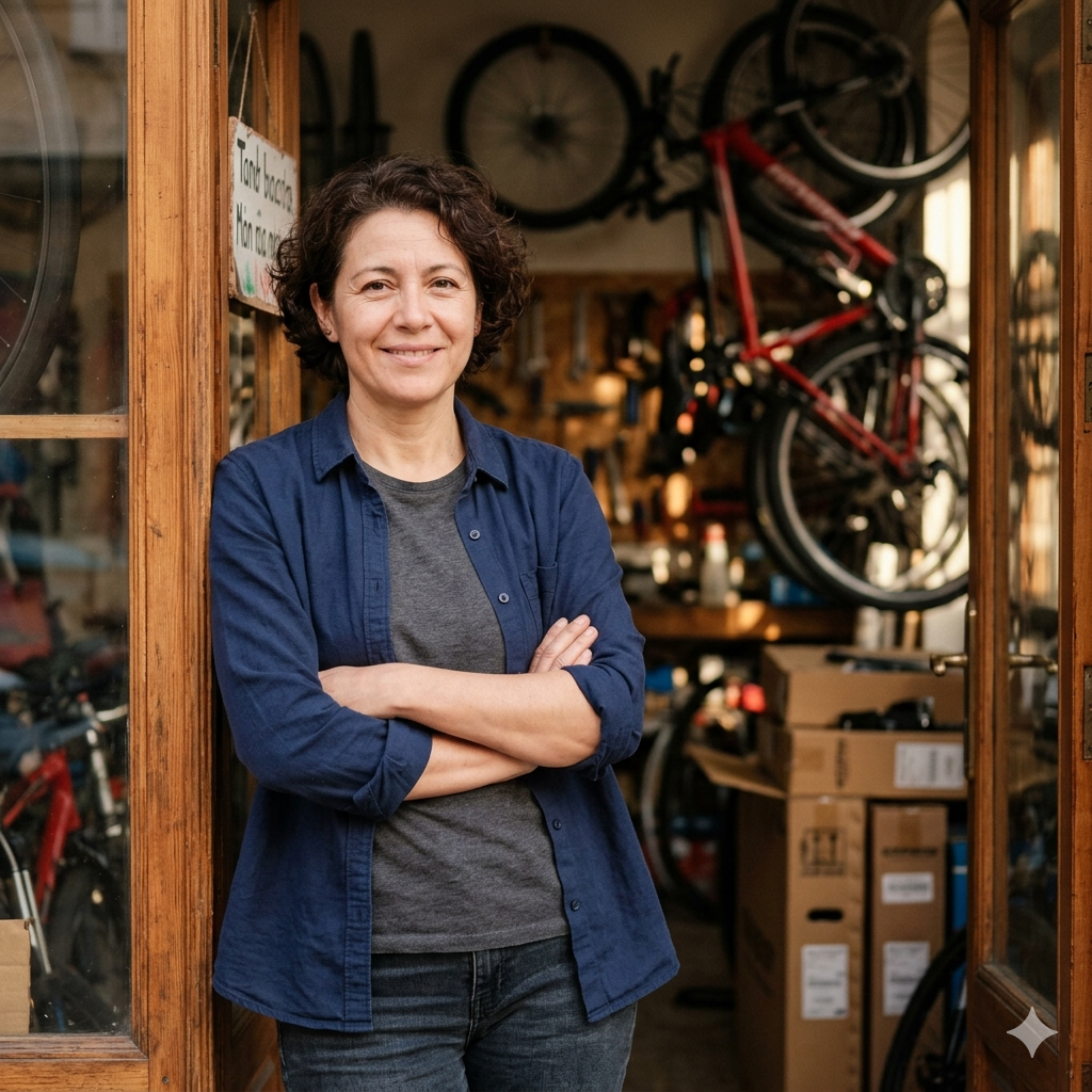 Mecánica de bicicletas sonriendo a la cámara